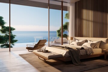 Beach Tropical living & Sea view bedroom for Vacation and Summer an interior design Generative by AI - obrazy, fototapety, plakaty