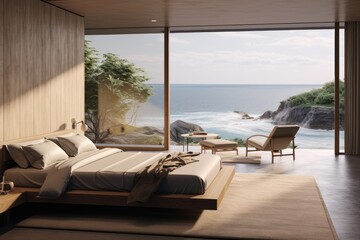 Naklejka premium Beach Tropical living & Sea view bedroom for Vacation and Summer an interior design Generative by AI