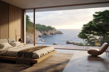 Fototapeta na wymiar Beach Tropical living & Sea view bedroom for Vacation and Summer an interior design Generative by AI