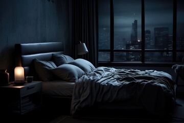 penthouse bedroom at night, dark and gloomy, A room with a view of the city  of lighting, focus from balcony from the bed AI Generative