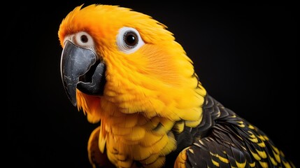 Close-up of a golden-yellow-black parrot. Isolated on black background.