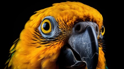 Fototapeta premium Close-up of a golden-yellow-black parrot. Isolated on black background.