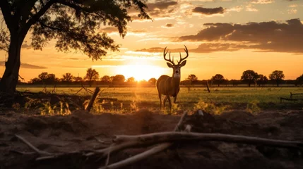 Foto op Canvas Silhouette of white tailed deer of Texas farm, sunset, natural light © somchai20162516
