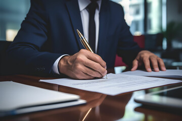 Businessman in a suit signs a contract for the purchase of a property