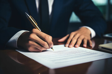 Businessman in a suit signs a contract for the purchase of a property - obrazy, fototapety, plakaty