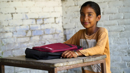 Indian schoolgirl sitting at desk in classroom, group of school kids with notebooks writing test, Education concept.