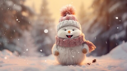 Close-up of a funny laughing snowman. Cute with a fur hat and scarf On the snowy landscape with bokeh lights
