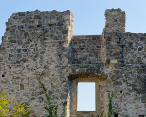 Window on a stone wall of the ruins of a medieval Samobor Castle on the hill Tepec in the town of Samobor, Croatia