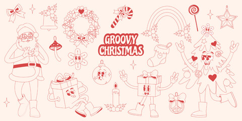 Fototapeta na wymiar Groovy Hippie Merry Christmas and Happy New year set of cartoon characters and elements. Collection of funny retro stickers. Monochrome, sketch.