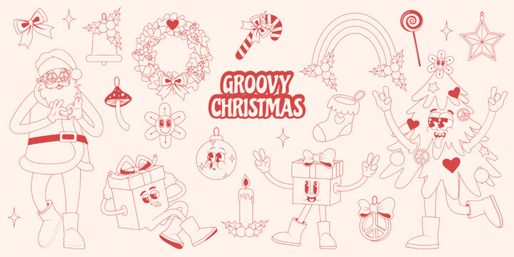  Groovy Hippie Merry Christmas And Happy New Year Set Of Cartoon Characters And Elements. Collection Of Funny Retro Stickers. Monochrome, Sketch.