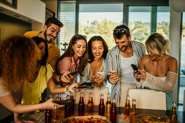 Diverse group of friends enjoying a lively day in a vibrant house party, savoring delicious pizza slices and refreshing beverages