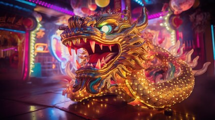 Golden dragon with colorful neon lights