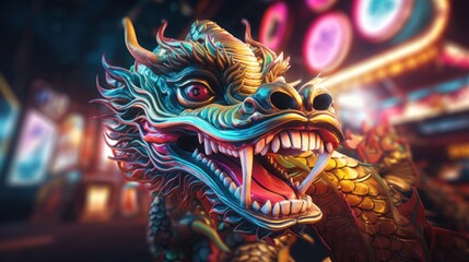 Fototapeta premium Golden dragon with colorful neon lights