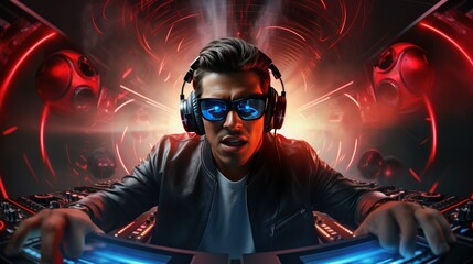 Modern 3D rendering of DJ with headphones in studio