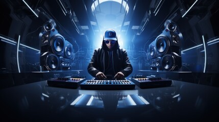Fototapeta na wymiar Modern 3D rendering of DJ with headphones in studio