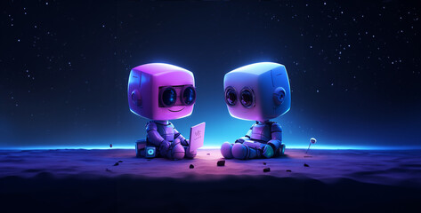 android robot in space,  robots sitting writing and talking to each other
