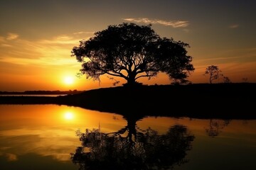 Silhouette of tree against water, captured at sunset or sunrise. Generative AI