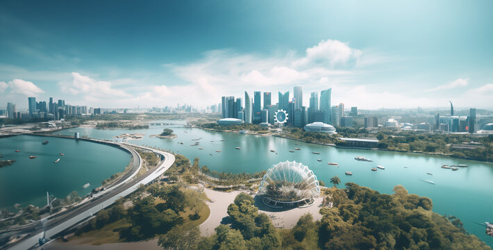 view of the city of the river, cinematic realistic image of future city