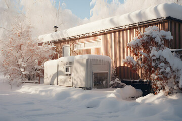 Winter Wonderland, Snow-covered House with Outdoor Heat Pump