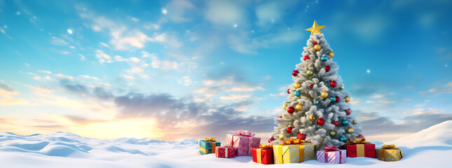 A large Christmas tree in the snow near a bright blue sky with presents in it.