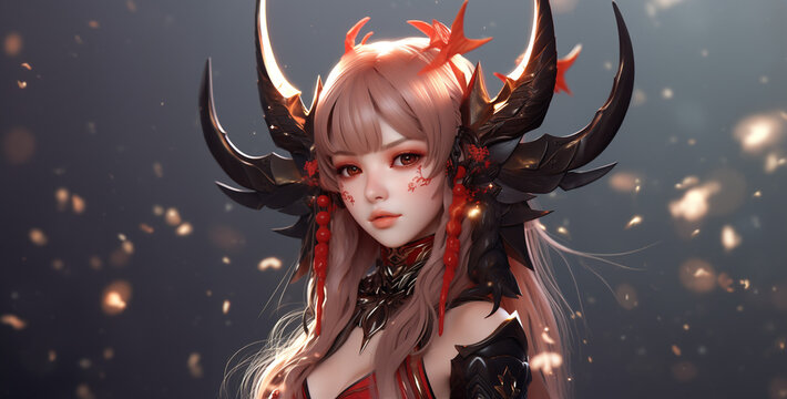 devil woman with horns, Anime style VTuber Model beautiful woman with demon horn