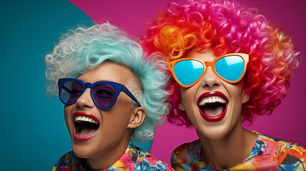 Young positive women in wigs celebrating birthday party, bright makeup pink hair sunglasses, pink wig, glamor stylish glasses color background unaltered, smiling and laughing, April Fools' Day - obrazy, fototapety, plakaty