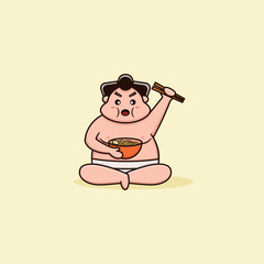 cute character sumo eating noodle