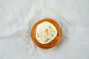 Cinnamon Roll isolated on grey background top view of french breakfast baked food item