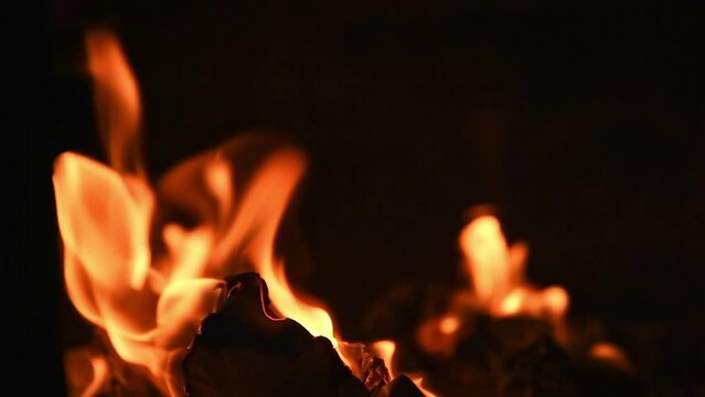 The fire burns in the stove. firewood, warmth, comfort, observation. slow motion