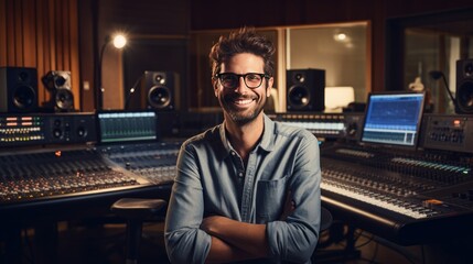 Smiling producer sitting with arms crossed in music studio surrounded by sound equipment.