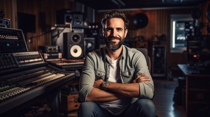 Smiling producer sitting with arms crossed in music studio surrounded by sound equipment.