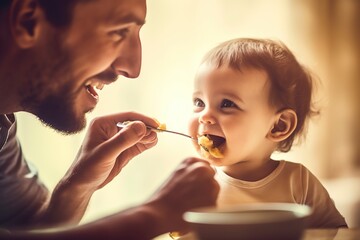 Father feeding his little son in a family scene.