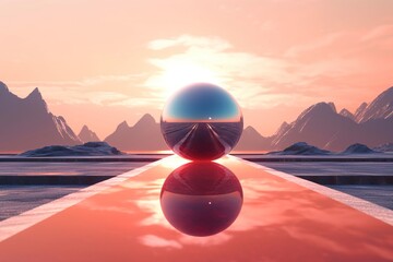 Futuristic image, a polished metallic sphere on a track, in front of a mountain range. - obrazy, fototapety, plakaty