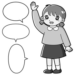 手を挙げる女の子のイラスト（吹き出し付き）白黒