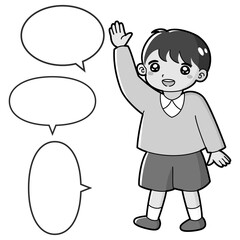 手を挙げる男の子のイラスト（吹き出し付き）白黒