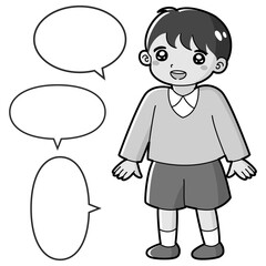 笑顔の男の子のイラスト（吹き出し付き）白黒