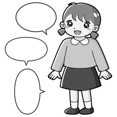 笑顔の女の子のイラスト（吹き出し付き）白黒