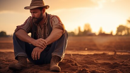 The farmer looked thoughtfully. Sit on dry, quiet ground. with orange sunlight shining down