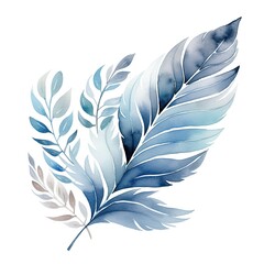 Blue watercolor leaves, cute botanical illustration. Isolated clipart on white background
