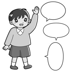 手を挙げる男の子のイラスト（吹き出し付き）白黒
