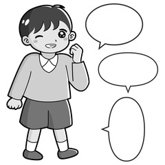ガッツポーズをする男の子のイラスト（吹き出し付き）白黒