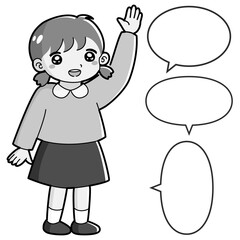 手を挙げる女の子のイラスト（吹き出し付き）白黒