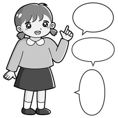 指を指す女の子のイラスト（吹き出し付き）白黒