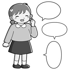 ガッツポーズをする女の子のイラスト（吹き出し付き）白黒