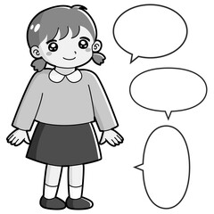 笑顔の女の子のイラスト（吹き出し付き）白黒