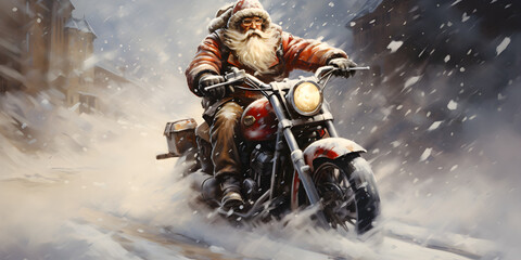 Biker Santa Claus riding a motorcycle in the snowy North Pole