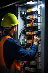 A male electrician works in a switchboard with an electrical connecting cable.