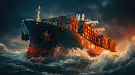 Cargo ship in the middle of a storm on sea, Illustrate the impact of a global recession on international trade.