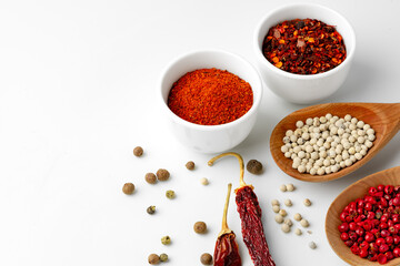 Composition with different aromatic spices in bowls and wooden spoons on white background