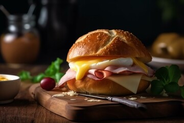 Delicious breakfast bun with ham and cheese. Generative AI